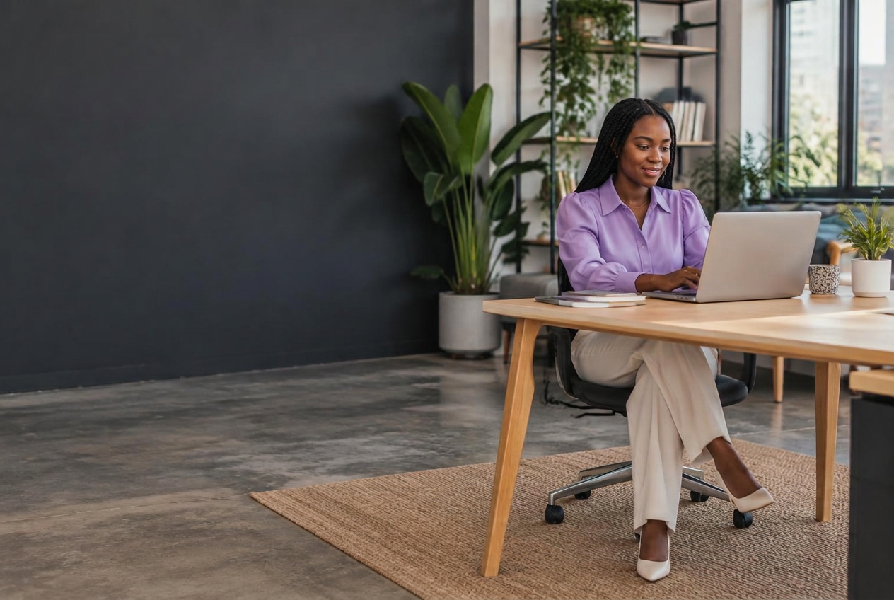 A founder working on her business in a bright coworking studio